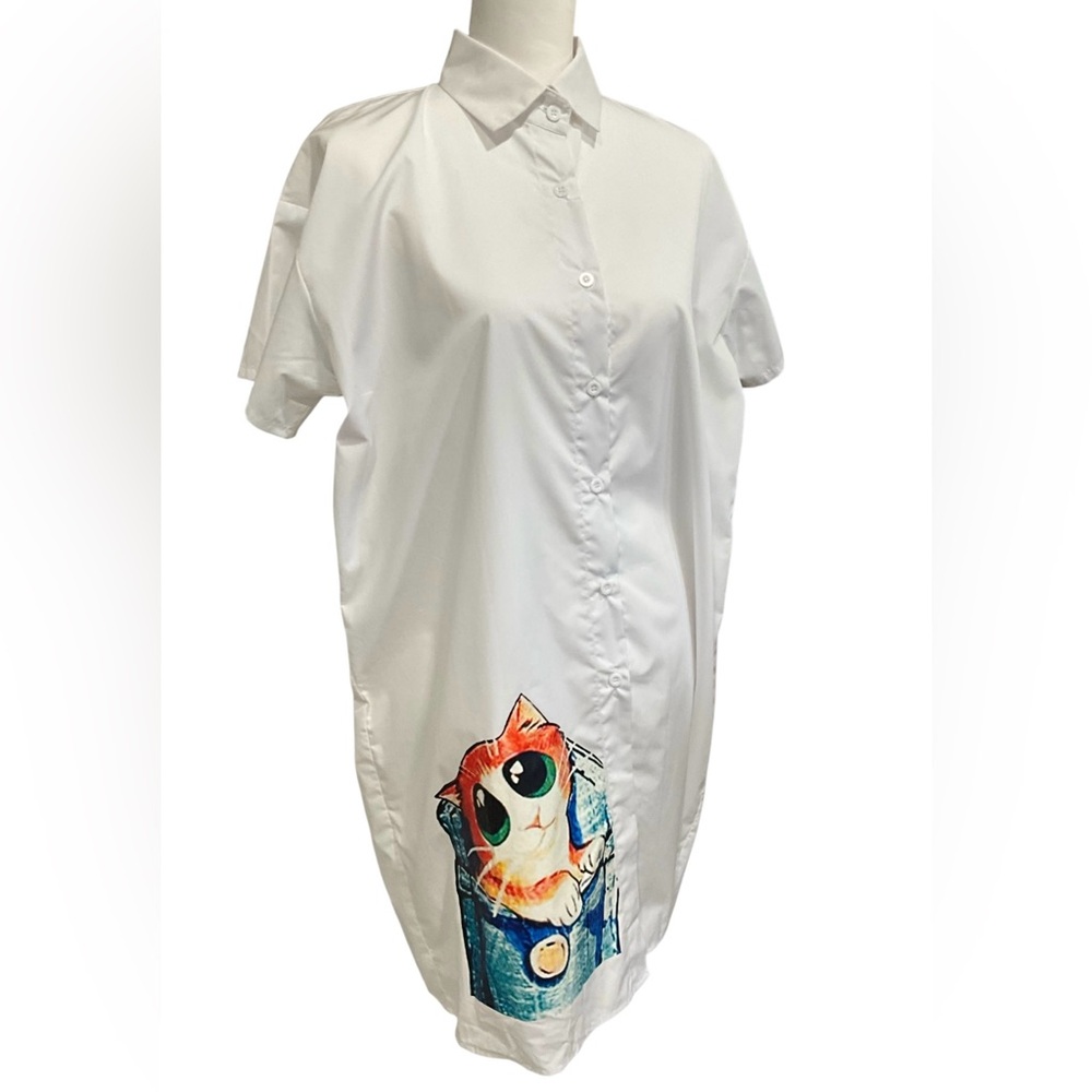 SOOLINEN White Midi Shirt Dress with Cat Print